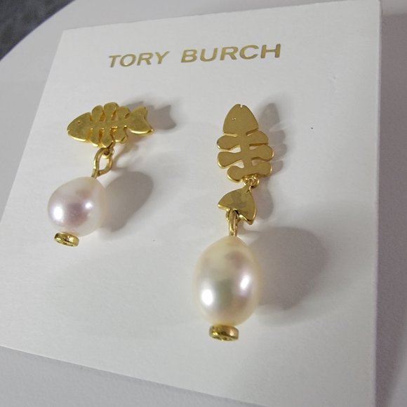 Tory Burch Jewelry - Tory Burch Pearl Fish Gold Earrings